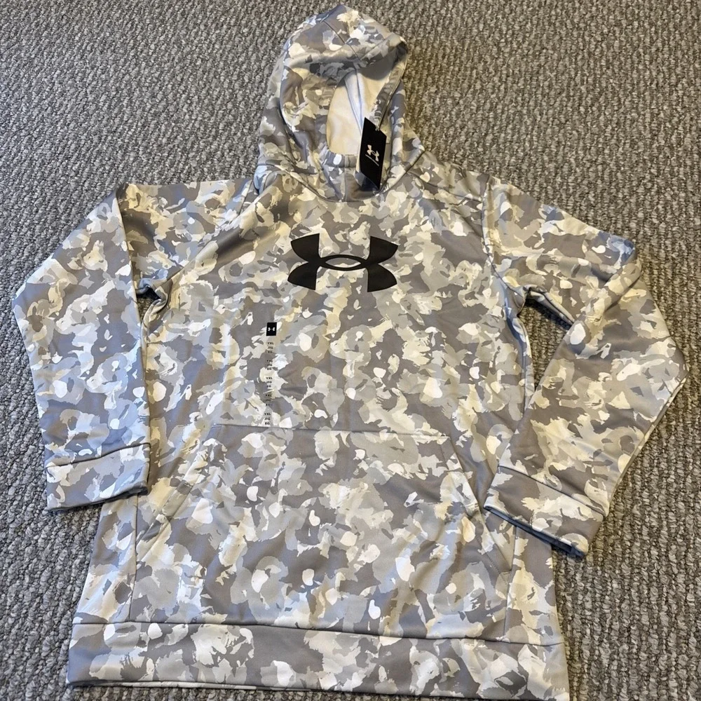 Boy's Under Armour Fleece Big Logo Printed Camo Hoodie In‎ Gray Size Extra Large
